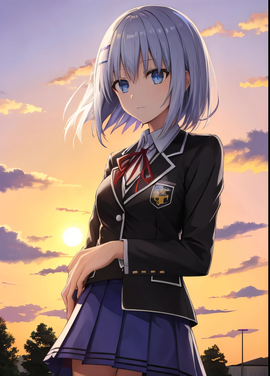 schl1, standing, upper body, simple background, outdoors, sky, sun,