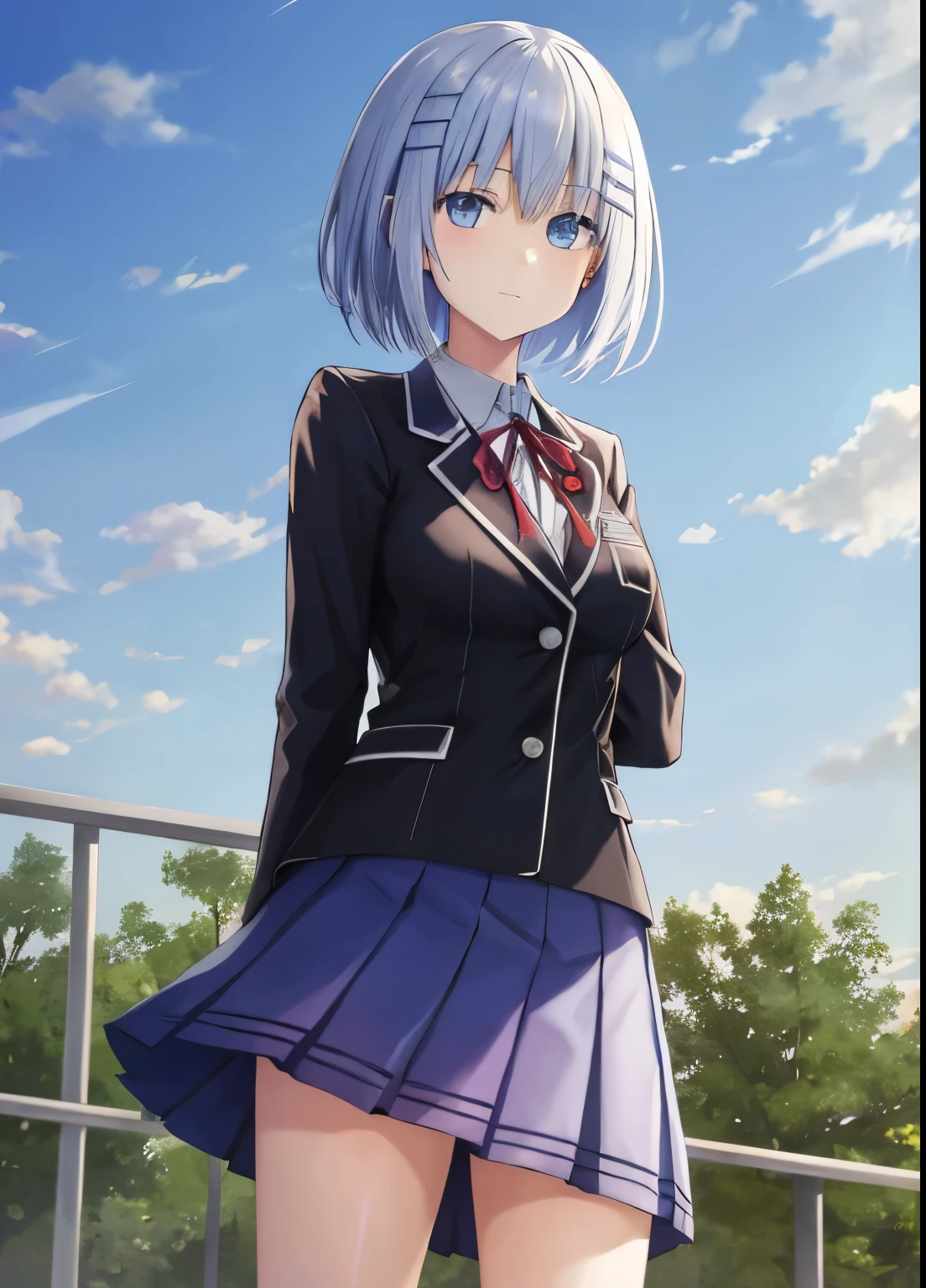 schl1, standing, upper body, simple background, outdoors, sky, sun,