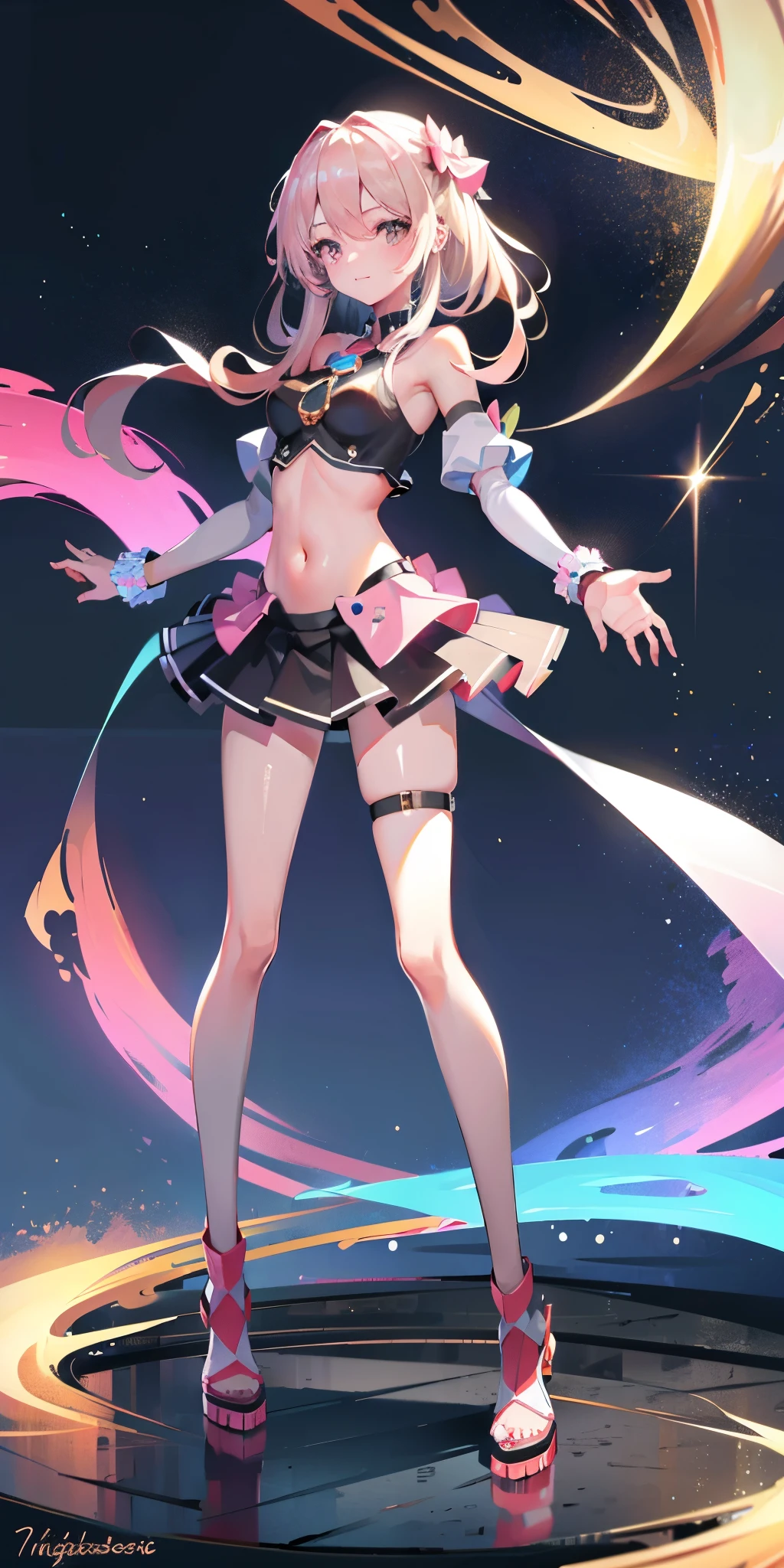 (masterpiece, best quality: 1.3), (16k, high resolution: 1.3), Beautiful ******* girl, Mechanical body, clear skin, Light, 有Light发Light, Very cute and beautiful female idol, open navel，Bare thighs，Full body female love, staring at the audience, 目Light坚定而凝重,