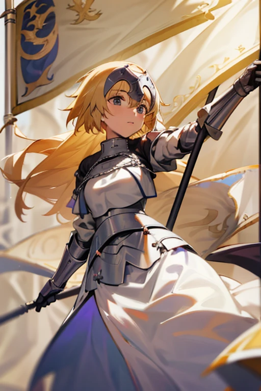 anime, 1 girl, solo, jeanne d'arc, white clothes, blonde, long hair, flag, gesture of commanding whole army