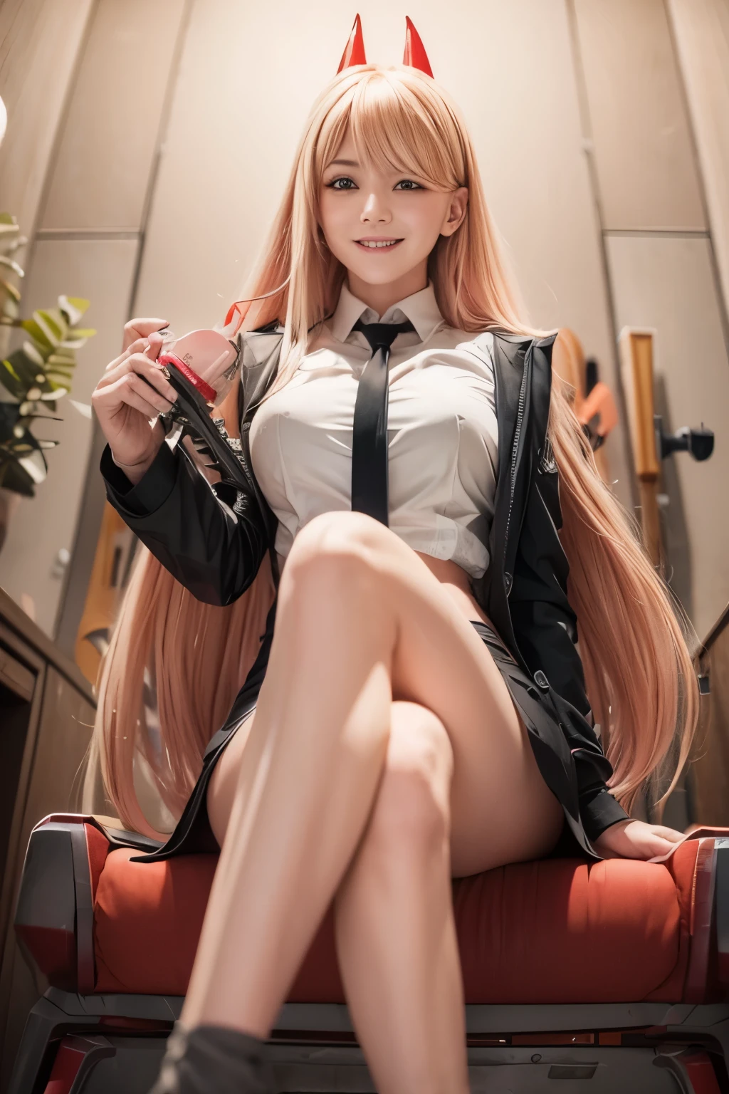 1 girl, power chainsaw man blonde, long lemonade pink hair, bangs, white shirt, black pants with doublets, black tie, black jacket, small red horns, sexy, erotic pose, smiling, seated, realistic, ultra detail, 70mm lens