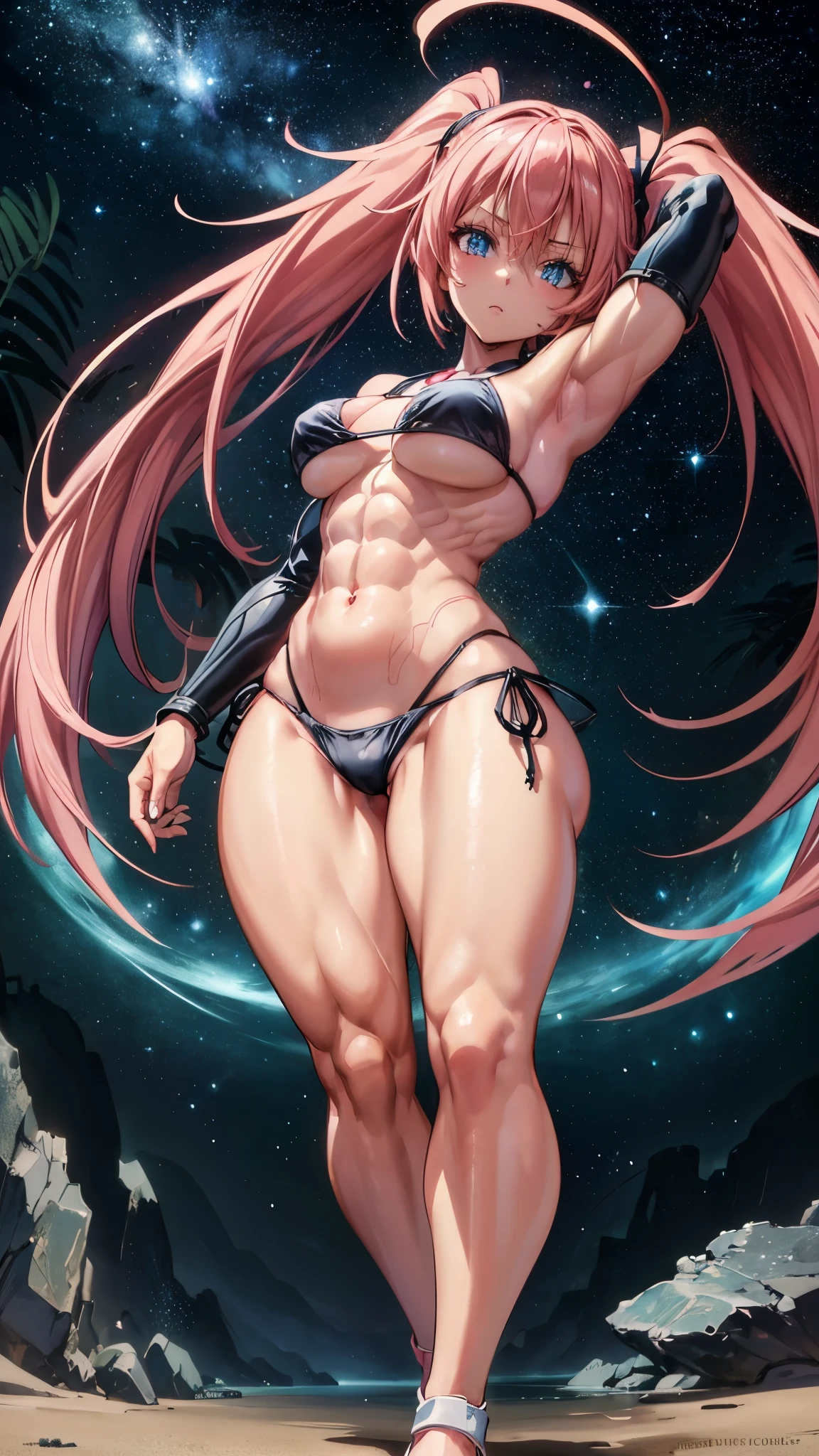 1 girl, (medium breasts))), (((wearing a short bikini))), (long pink hair), (((blue eyes))), Thin arms, (on the beach at night with a starry sky and a full blood moon), (slim waist), (((muscular legs))), muscular belly, wearing a red high heel shoe, (((showing her big ass to me))), (full body photo) , (twintails), long eyes, eye Glow, bad mood, anime, anime style, ray tracing, Glow, drop shadow, Panorama, Sony FE, 8k, UDisk, artwork, accurate, anatomically correct, super detail, best quality, Ultra high resolution, Hard disk, 16k