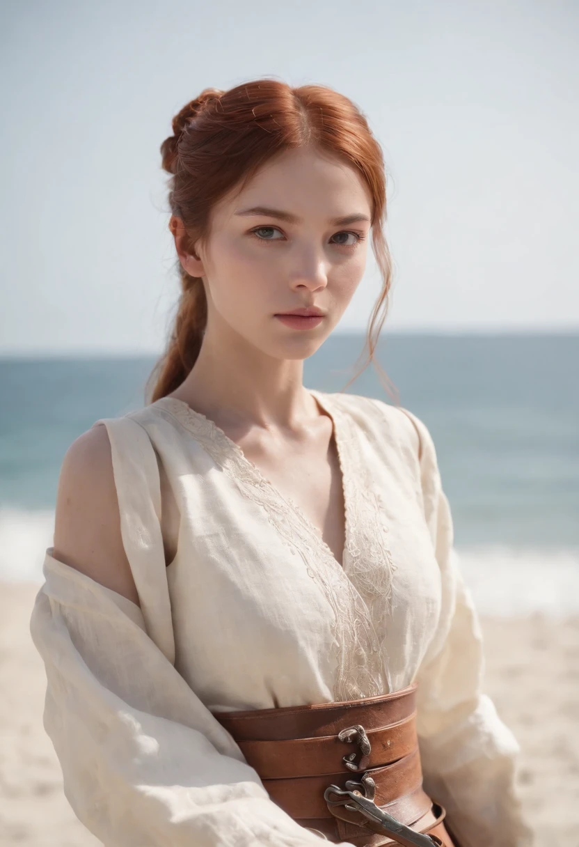 full body photo、A girl with a copper sword in her right hand、Norwegian girls、beautiful 13 year old girl、Redhead ponytail、dusty face、Medieval dress、white clothes、Leather armor、Leather gloves、White linen sarouel pants、Leather sandals、Girl standing against the background of a sandy beach、Wind、全身のphotorealism、sharp focus、realな顔の肌、heavy atmosphere、erotic face、hyper quality、High definition、real、photorealism、16k、4k、cinematic、