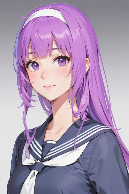 Anime girl with purple hair and wearing a sailor suit posing for a photo, Misato Katsuragi, yayoi kasuma, kasumi arimura style 3/4, Photorealistic anime girl rendering, Anime-style 2D, mamimi samejima, anime realism style, Realistic anime 2d style, juri misaki, yuuki hagure, realistic 2d animation, smile