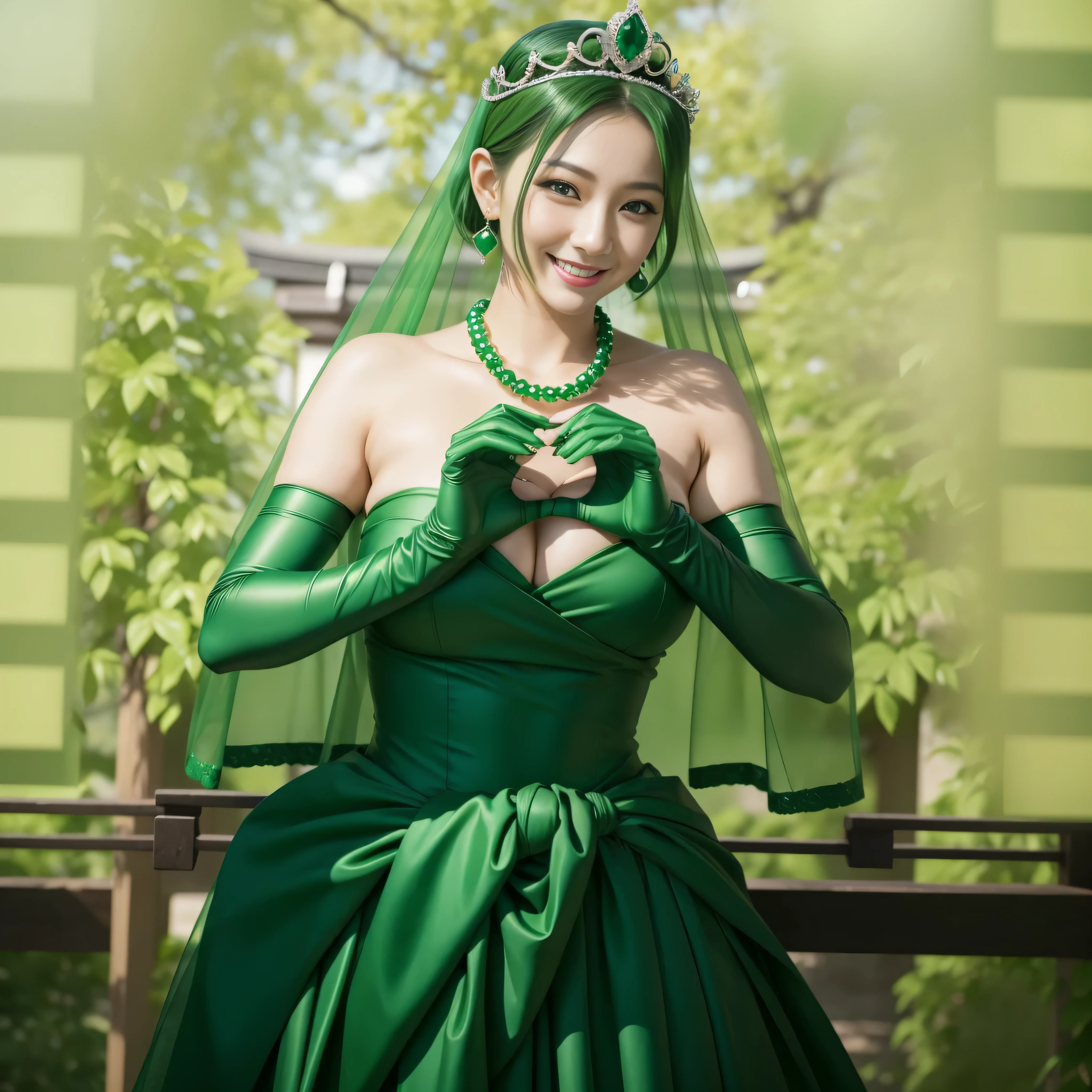 emerald tiara, green pearl necklace, ボーイッシュな非常に短いgreen hair, lipstick, smiling Japanese woman, very short hair,  Beauty with large breasts, green eyes, Long Green Satin Gloves, green eyes, emerald earrings, green veil, heart with both hands, green hair, Beautiful Japan woman in her 30s, heart shaped hand:1.3