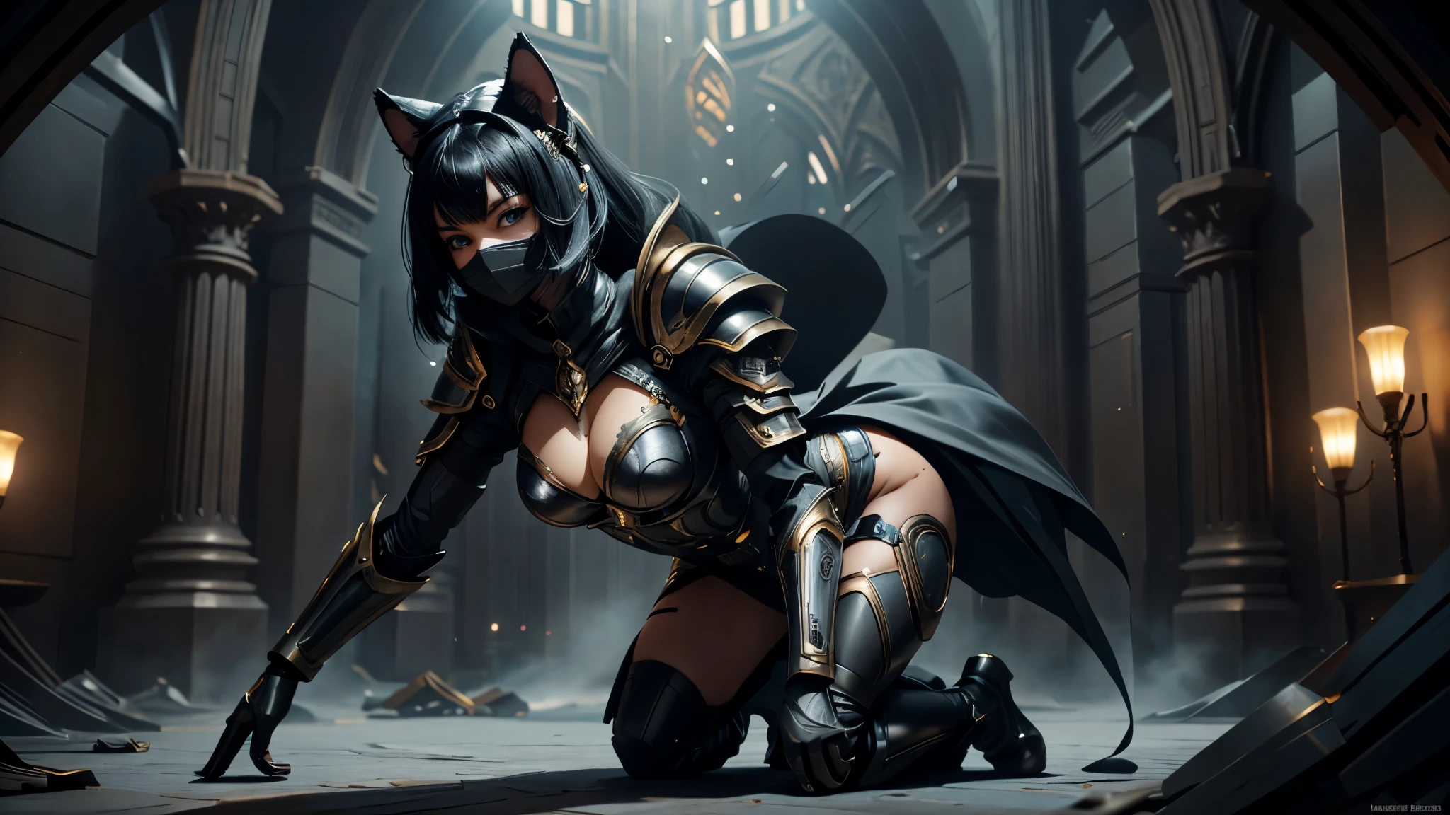 1girl, black hair, blue eyes, wearing full body armored suit, particles in background, absurdres, high res, ultrasharp, 8K, masterpiece, looking at viewer, cat girl ears same color as hair, mask, hands armored gloves, long cape, tmasterpiece, ultra fine photos, best qualtiy, realisticlying, rays of sunshine, full-body portraits, cleavage breasts, delicated face,Vibrant eyes,very highly detailed background, detailed background, opulent, high detail skin, Realistic details of skin,Visible pores,Clear focus,volume fog,8K UHD,digital SLR camera,high high quality,filmgrain,White skin of the,photorealistic