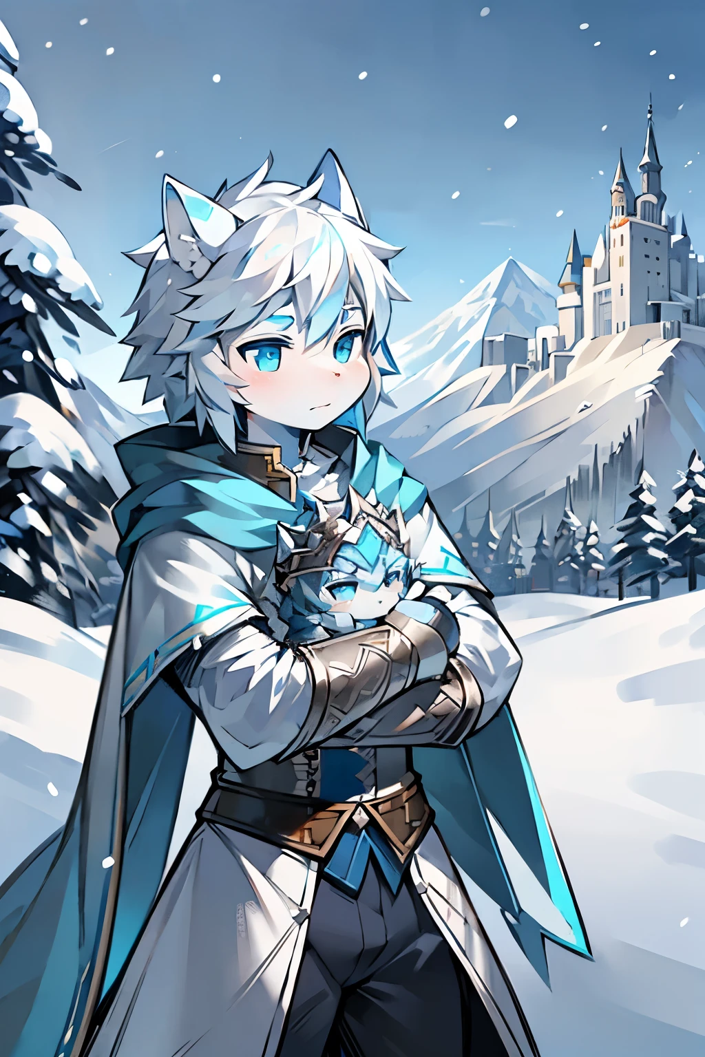 a white cat,Aqua-blue pupils,wearing armor,Snow,holding a longsword,blizzard,Carrying a long sword,Shota,mountains,Coat,Dress thickly,Fluttering cape,far away castle,silver helmet,Silver armor,Blue longsword