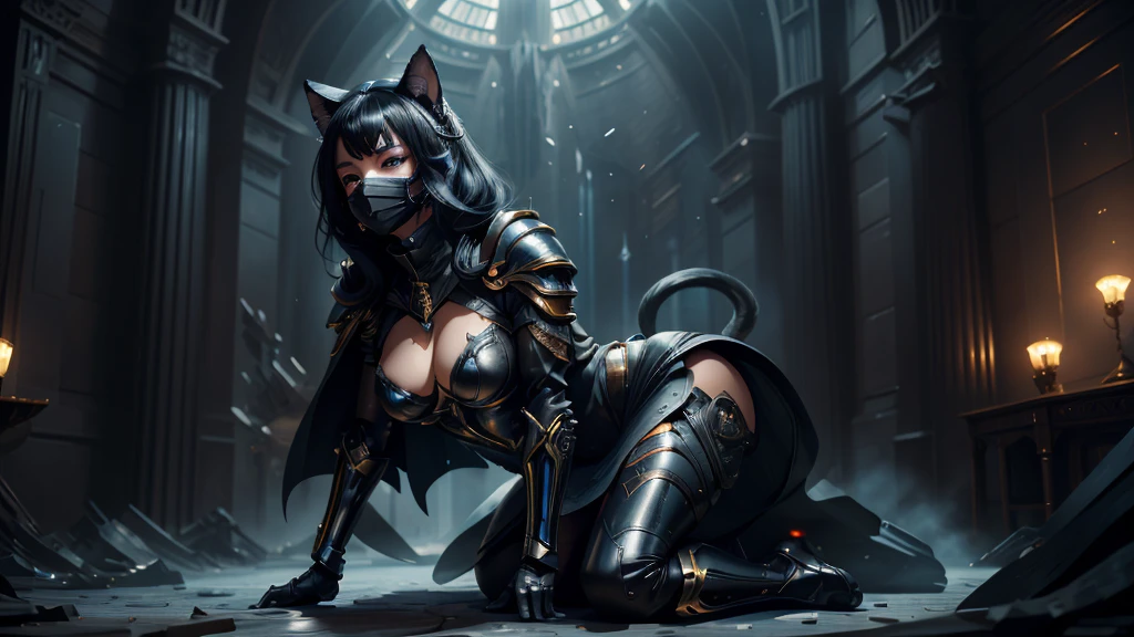 1girl, black hair, blue eyes, wearing full body armored suit, particles in background, absurdres, high res, ultrasharp, 8K, masterpiece, looking at viewer, cat girl ears same color as hair, mask, hands armored gloves, long cape, tmasterpiece， ultra fine photos， best qualtiy， realisticlying， rays of sunshine， full-body portraits, cleavage breasts, delicated face，Vibrant eyes，very highly detailed background, detailed background, opulent, high detail skin， Realistic details of skin，Visible pores，Clear focus，volume fog，8K UHD，digital SLR camera，high high quality，filmgrain，White skin of the，photorealistic