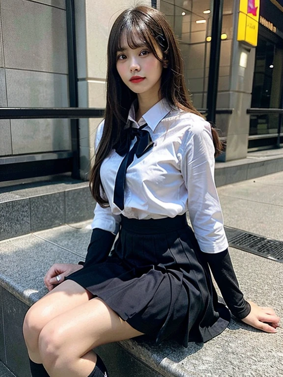((masterpiece)), (realistic: 1.2) masterpiece, 最high quality, high quality，High resolution，white skin, 最high quality, ultra detail，big breasts,Mature，beautiful, black hair， long hair， With bangs，school uniform，over knee socks，glowing skin，10th generation，Bewitching，foot，full body pose, very detailed, parted lips