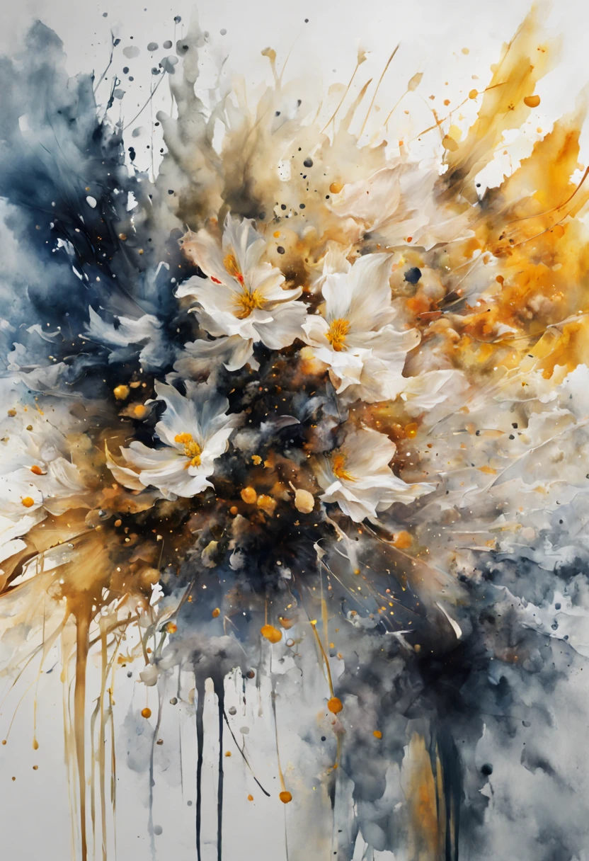 (best quality,4k,8k,highres,masterpiece:1.2),ultra-detailed,(realistic,photorealistic,photo-realistic:1.37),ink splatter,watercolor painting,on white canvas,aquarelle,artistic splashes,delicate brushstrokes,fluid and vibrant colors,subtle shading and blending,texture and depth,artistic interpretation and creativity,fine details capturing movement and spontaneity,abstract expression,unique and captivating composition,highly skilled brushwork,fine art masterpiece,impressionistic style,blend of realism and abstraction,subtle use of negative space,dynamic and lively brushstrokes,harmonious color palette,invokes a sense of emotion and energy,unique and captivating composition,visual poetry,harmony between light and dark,ethereal and dreamlike atmosphere,celebration of the beauty of imperfections,interpretation of the subject with artistic ,prominent use of light and shadow,creates a sense of atmosphere and mood,creative  and experimentation,crisp and clean lines creating definition and form