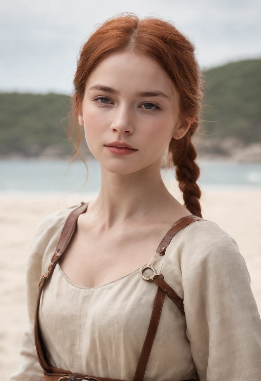 A girl with a copper sword in her right hand、Norwegian girls、beautiful 13 year old girl、Redhead ponytail、dusty face、Medieval dress、Hemp clothing、Leather armor、Leather gloves、White linen sarouel pants、Leather sandals、Girl standing against the background of a sandy beach、Wind、全身のphotorealism、sharp focus、realな顔の肌、heavy atmosphere、erotic face、hyper quality、High definition、real、photorealism、16k、4k、cinematic、