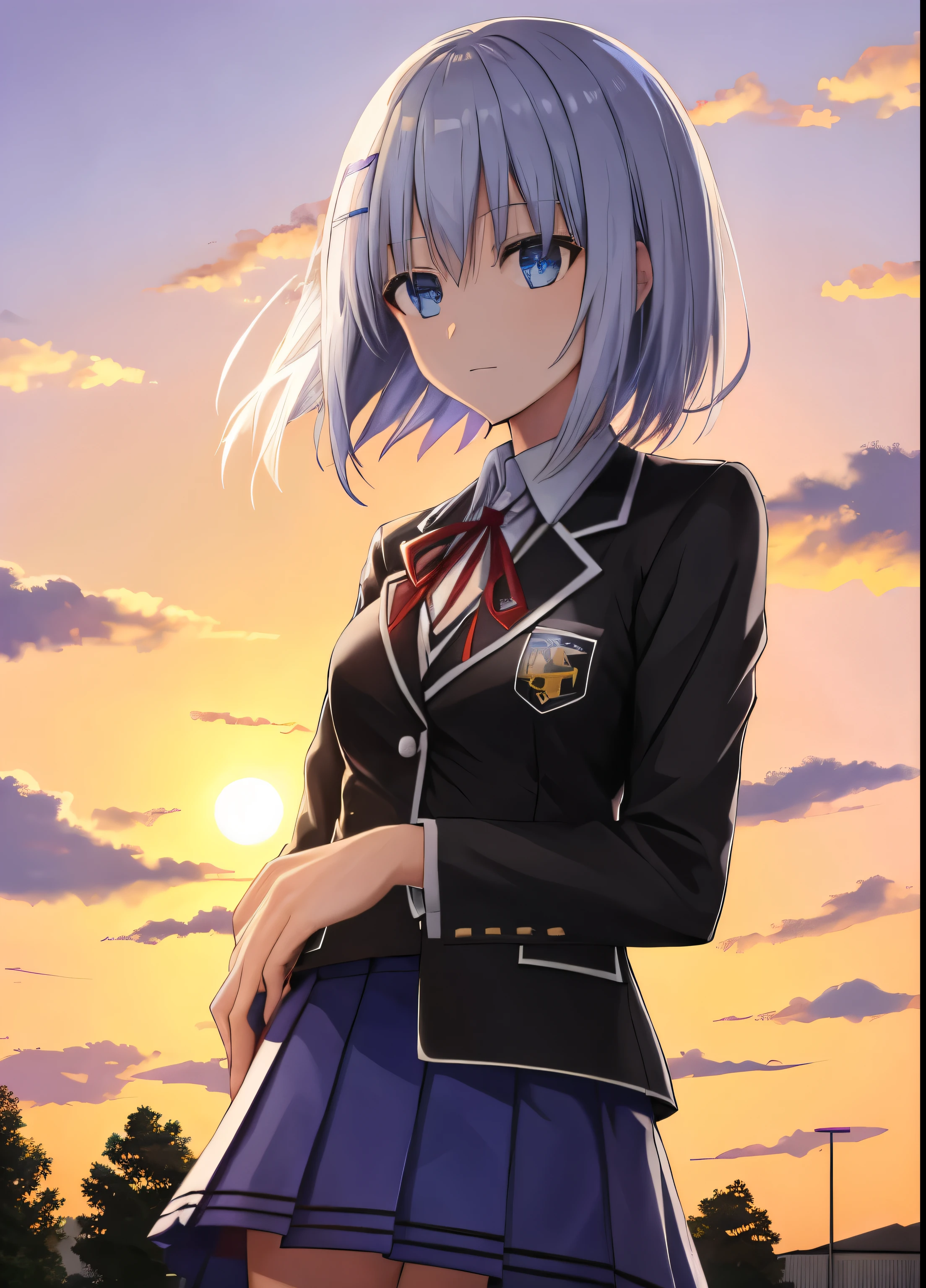 schl1, standing, upper body, simple background, outdoors, sky, sun,