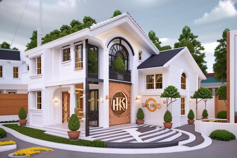 Modern townhouse, Combining neoclassical styles, street, The car runs in front of the house, (LoGo does not appear:1.5), Modern style, Extremely detailed image, masterpiece, Surreal, render by vray 2023, render 8k, white walls, Aluminum glass doors and windows, Large yard covered with ceramic tiles,Natural light, Cloudy, During the day, there are a few clusters of beautiful small flower pots, 8K