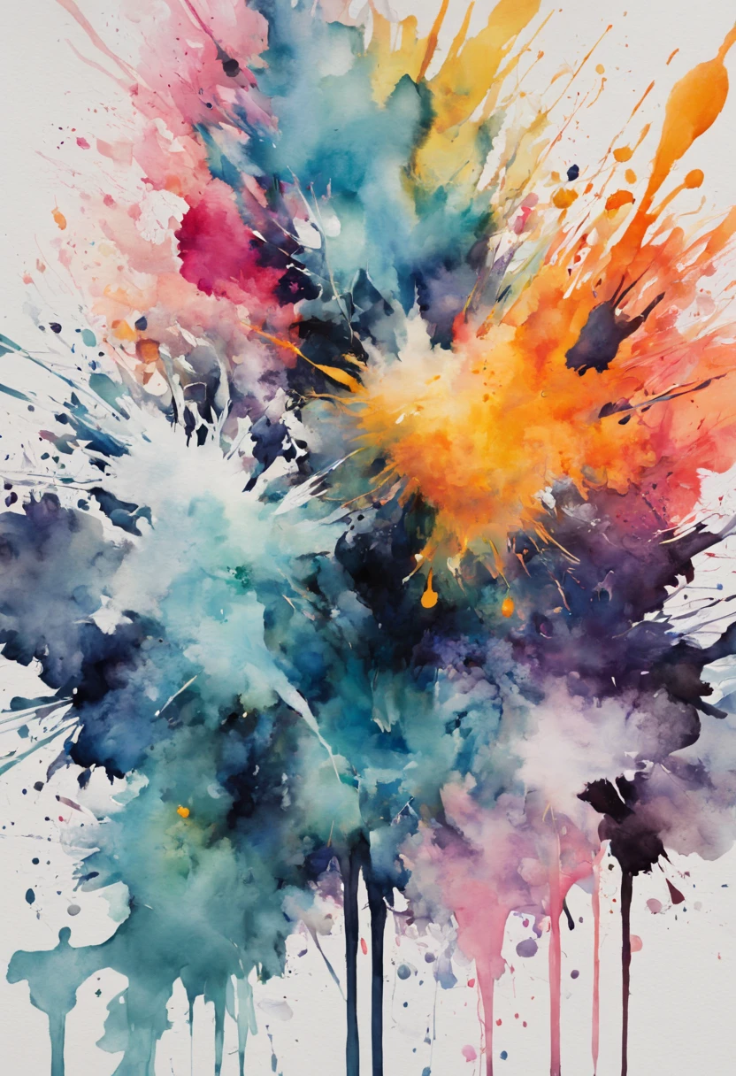 (best quality, realistic:1.37),high contrast ink splatter, vibrant watercolor strokes, delicate details, fine brushwork, lifelike textures, realistic dripping effect, a burst of colors, fluid and dynamic composition, fresh and spontaneous, high-res masterpiece, natural and organic shapes, contrasting light and shadow, intricate patterns, white canvas with textured grain, expertly layered hues, vivid and expressive brush strokes, abstract expressionism, subtle translucency, ethereal and dreamlike atmosphere