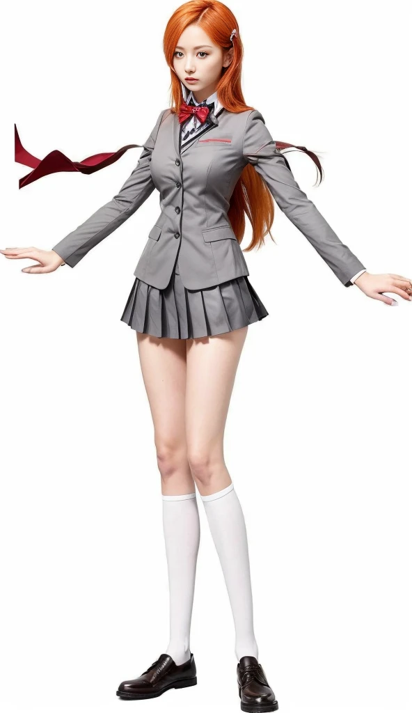 masterpiece, best quality, 1girl, solo, orihimeschool,orange hair, brown eyes, bow, grey jacket, shirt, pleated skirt,uniform