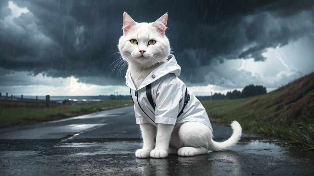 White colored cat puppy wearing raincoat, stormy weather, with cinematic lighting and ultra realistic details, realistic photo, cinematic photography, incredibly detailed, film lighting, full body.
