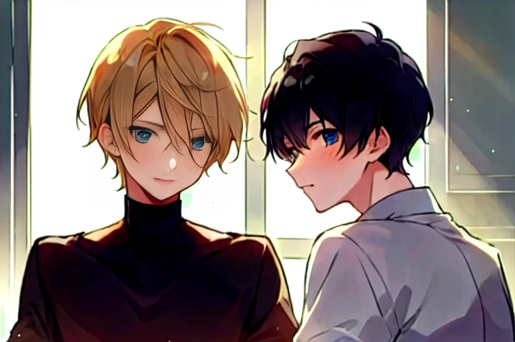 2 boys, perfect composition, trending pixiv fanbox, black hair boy and blond hair boy , friends, soft lighting, happy, clear eyes