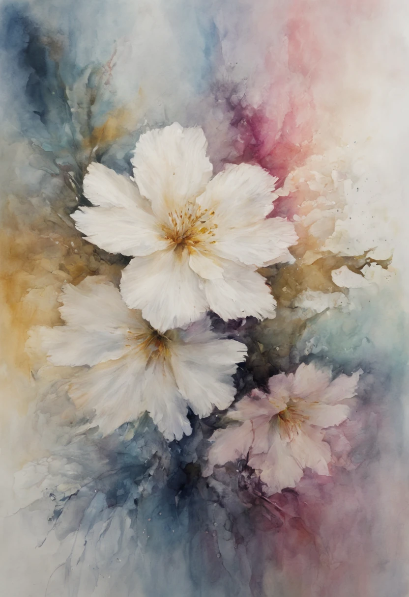 (best quality,4k,8k,highres,masterpiece:1.2),ultra-detailed,(realistic,photorealistic,photo-realistic:1.37),ink splatter,watercolor painting,high quality painting on white canvas,aquarelle,texture,flowing colors,wet-on-wet technique,delicate brush strokes,subtle blending,abstract expressionism,fluid movement,vibrant hues,soft edges,tranquil atmosphere,harmonious composition,natural elements,subtle textures,light and shadow play,impressionistic style,brushwork details,water droplets,fine details,gentle rippling,ethereal beauty,subtle tonal variations,calming and serene effect,soft pastel colors,translucent layers,splashes of ink,delicate transparency,subtle ink diffusion,water flow,serendipitous patterns,layering effect,organic forms,transparent washes of color,subdued color palette,dreamlike quality,subtle gradations,sublime effect,luminous quality,splatters of vibrant colors,flowing ink,expressive brushwork