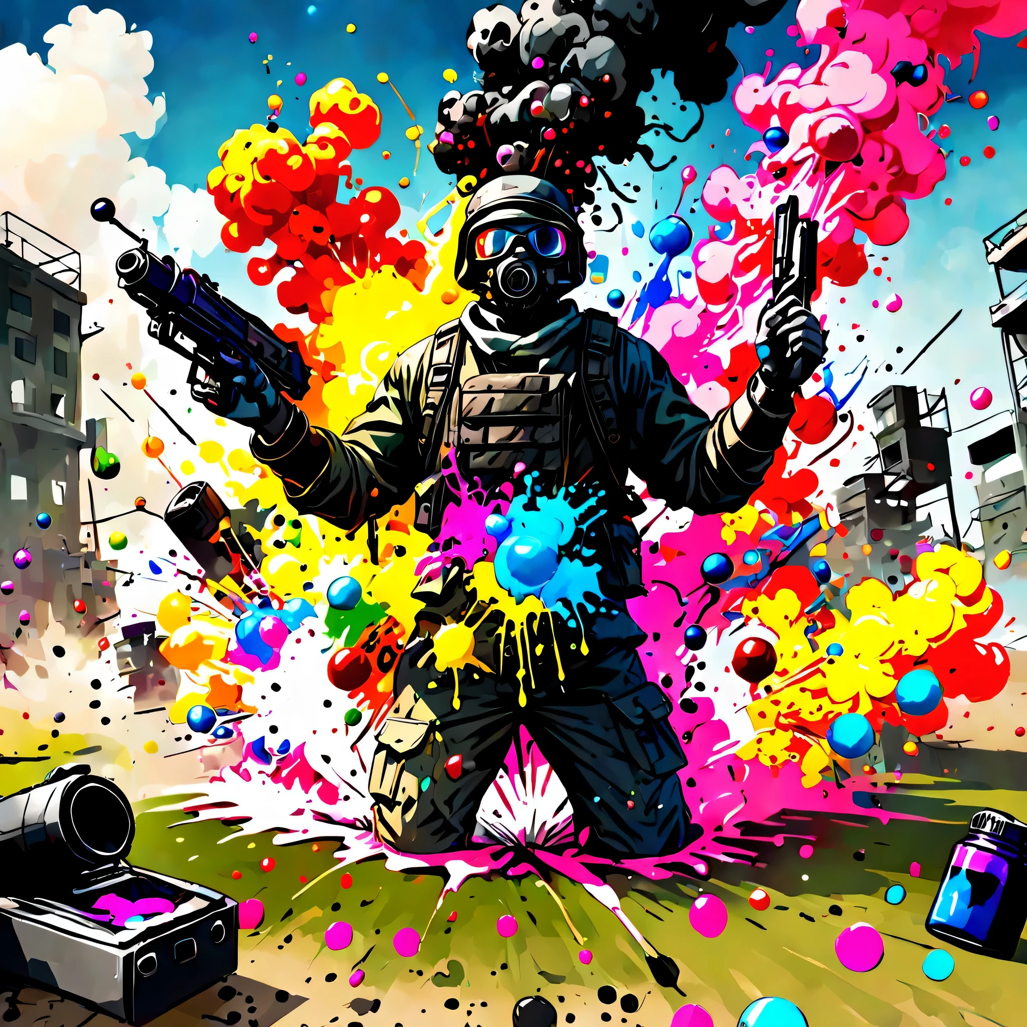 Ink splatter, (ink grenade battle), (Ink splatter: 1.3), (colorful ink), Ink grenade explodes at enemy, (ink casual: 1.5), Ink splatter, In the survival game field