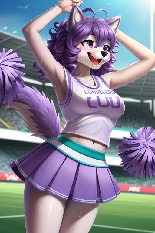 (((Wolf ))),(((Wolf girl))),anthro dog girl, body fur,solo, fluffly, furry, (average breasts), (curvy), cheerleader,HD,sharp,beautiful and detailed,woman ((anthro)),((((subdued Lavender color skin)))), ((long purple hair)),(((ojou curls))),(A woman sweating and dancing vigorously with her legs up:1.3),(white sleeveless cheerleading shirt:1.4),(White panties visible through the skirt),(teal cheerleading miniskirt:1.2), accurate tail, slight blush, mature, smiling, happy, beautiful, highly detailed, high resolution, detailed eyes, detailed hands,soccer stadium background, masterpiece