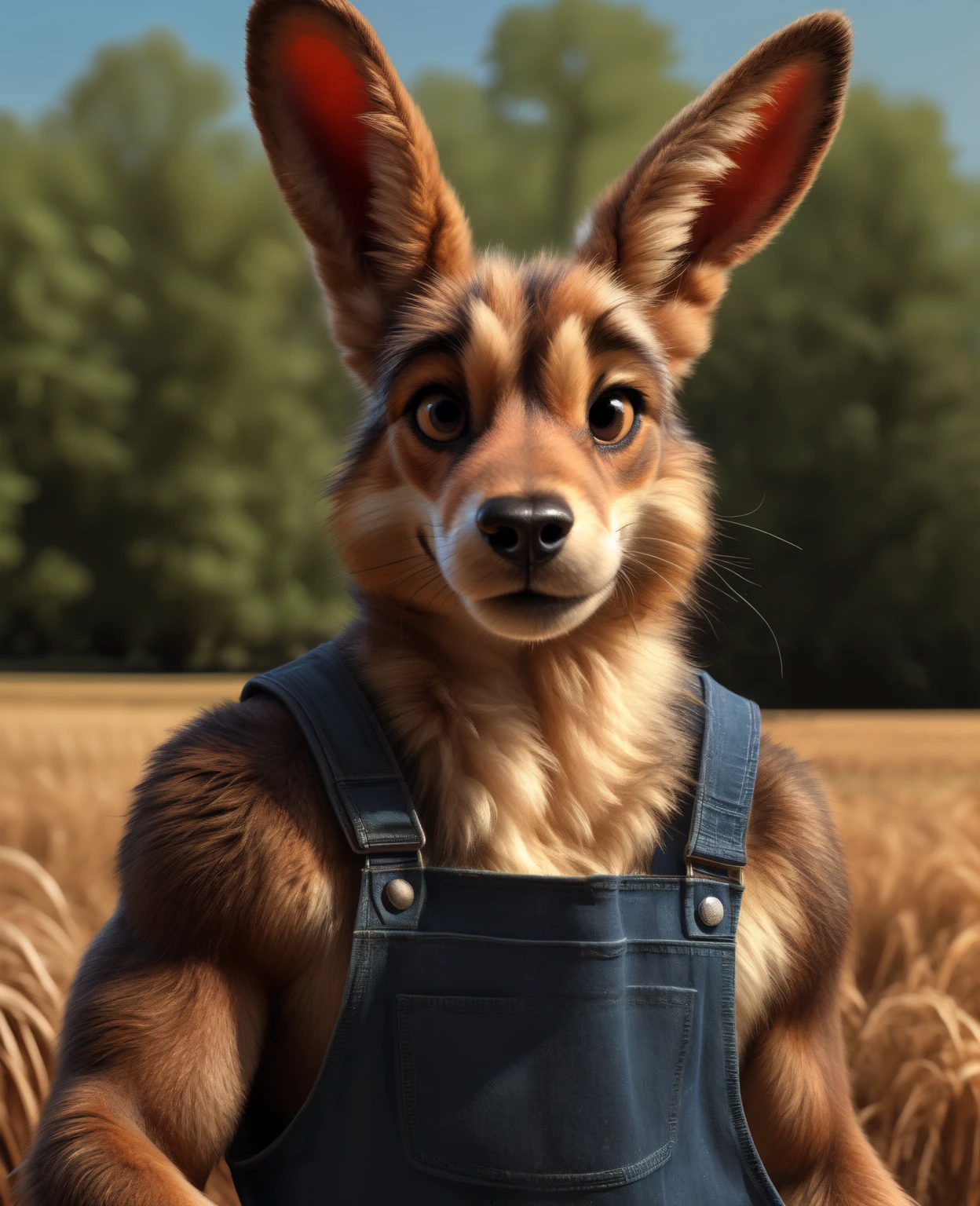 farm setting, a dog 8  jack russell terier lagomorph, muscular, overalls, smile512, looking at viewer, by Kenket, (Sharp focus, masterpiece, 8k, intricate artwork, hyper detailed, high detail)