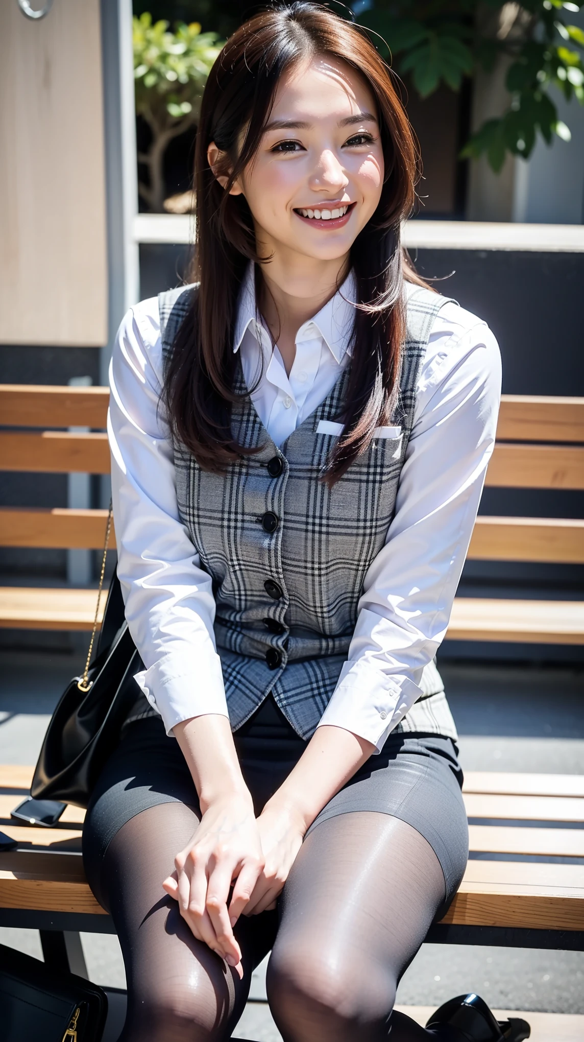 Ulchan-6500-v1.1, (RAW photo:1.2), (Photoreal), (genuine:1.4), 1girl、perfect anatomy、48 years old、look at the camera、medium long hair、Plaid vest、((sit on a bench and eat lunch:1.1))、(super realistic pantyhose:1.2), (high heels)、(business services)、(very affectionate smile:1.2)、