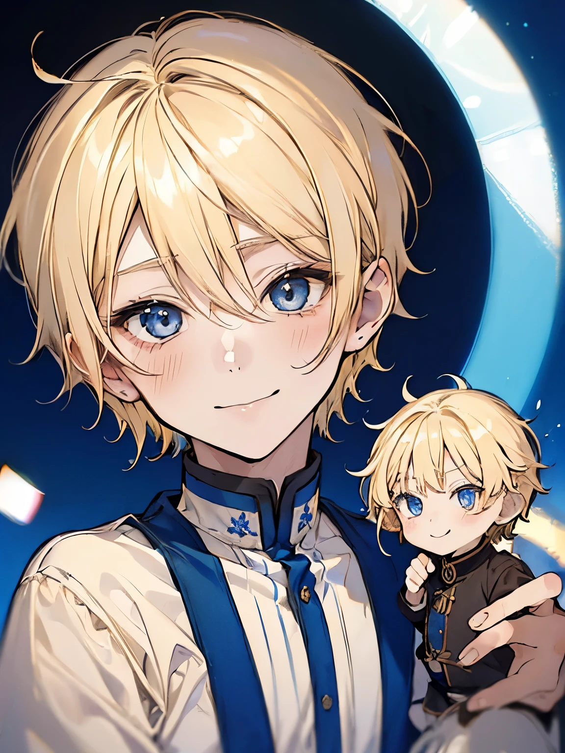 (Shota:1.5),(blonde:1.5),(straight hair:1.3),(very short hair:1.3),(blue eyes:1.4),(blush),(smile:1.3),
