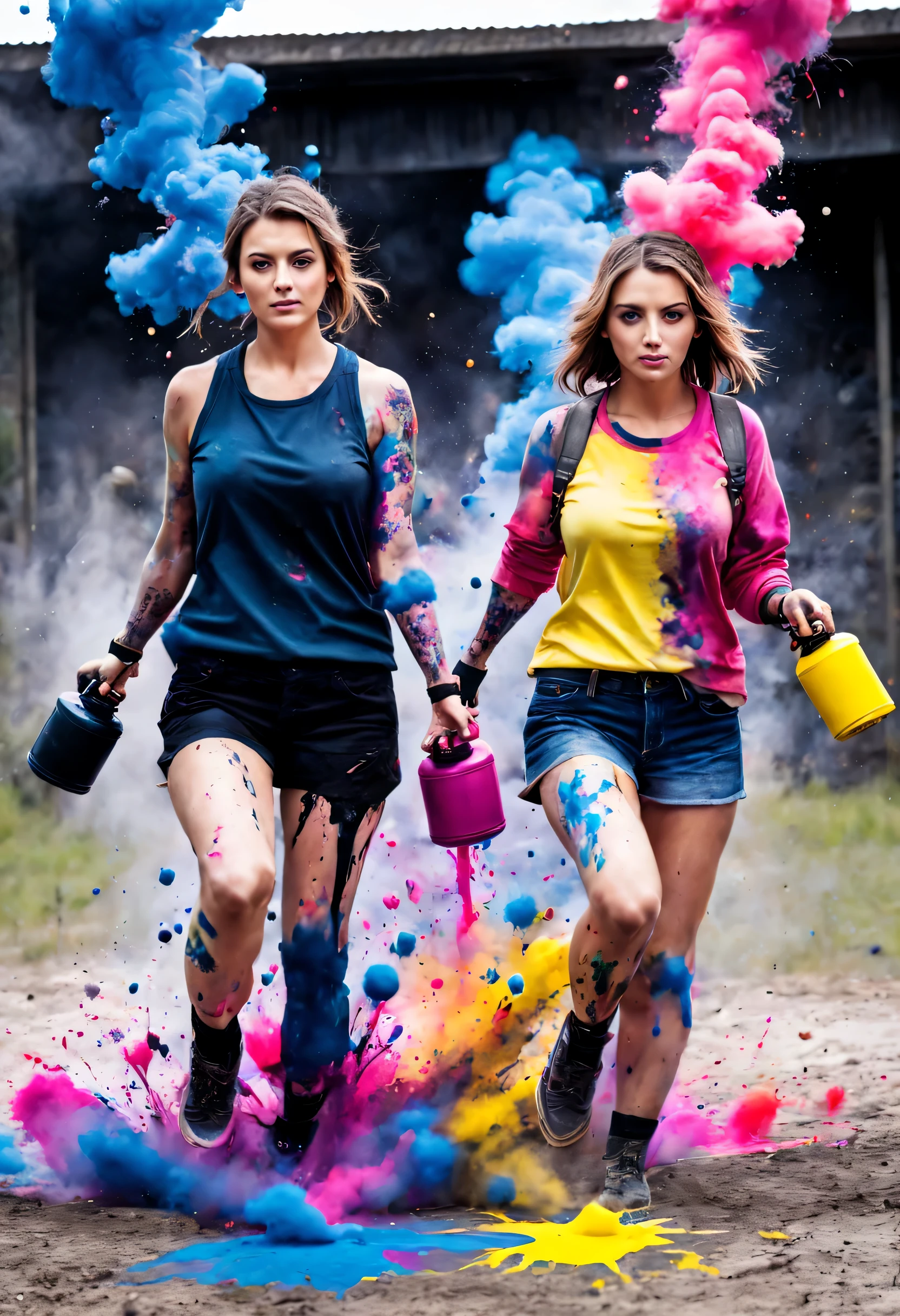 Ink splatter, (ink grenade battle), Girls holding ink grenades in both hands and throwing them at each other, (Ink splatter: 1.3), (colorful ink), Ink grenade explodes at enemy, (ink casual: 1.5), splashing ink, at the airsoft field