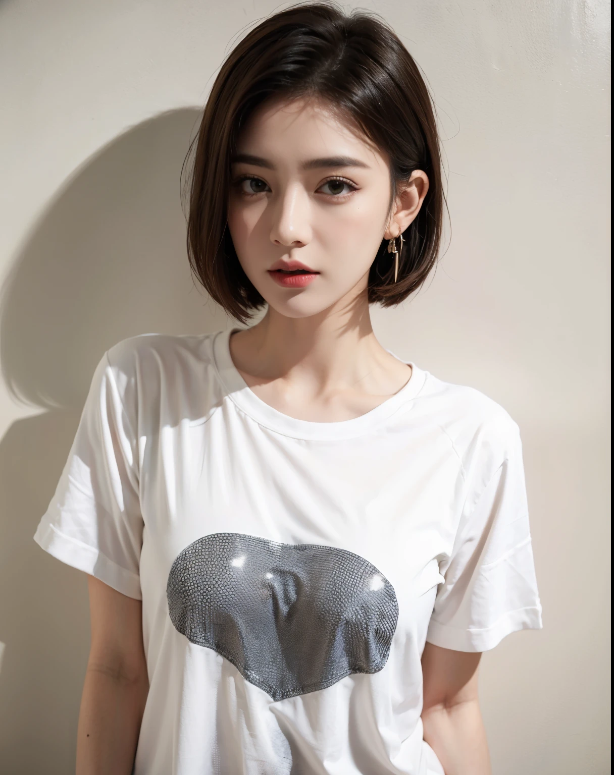 1 girl, T-shirt, alone, earrings, jewelry, short hair, upper_body, Wacky angles、