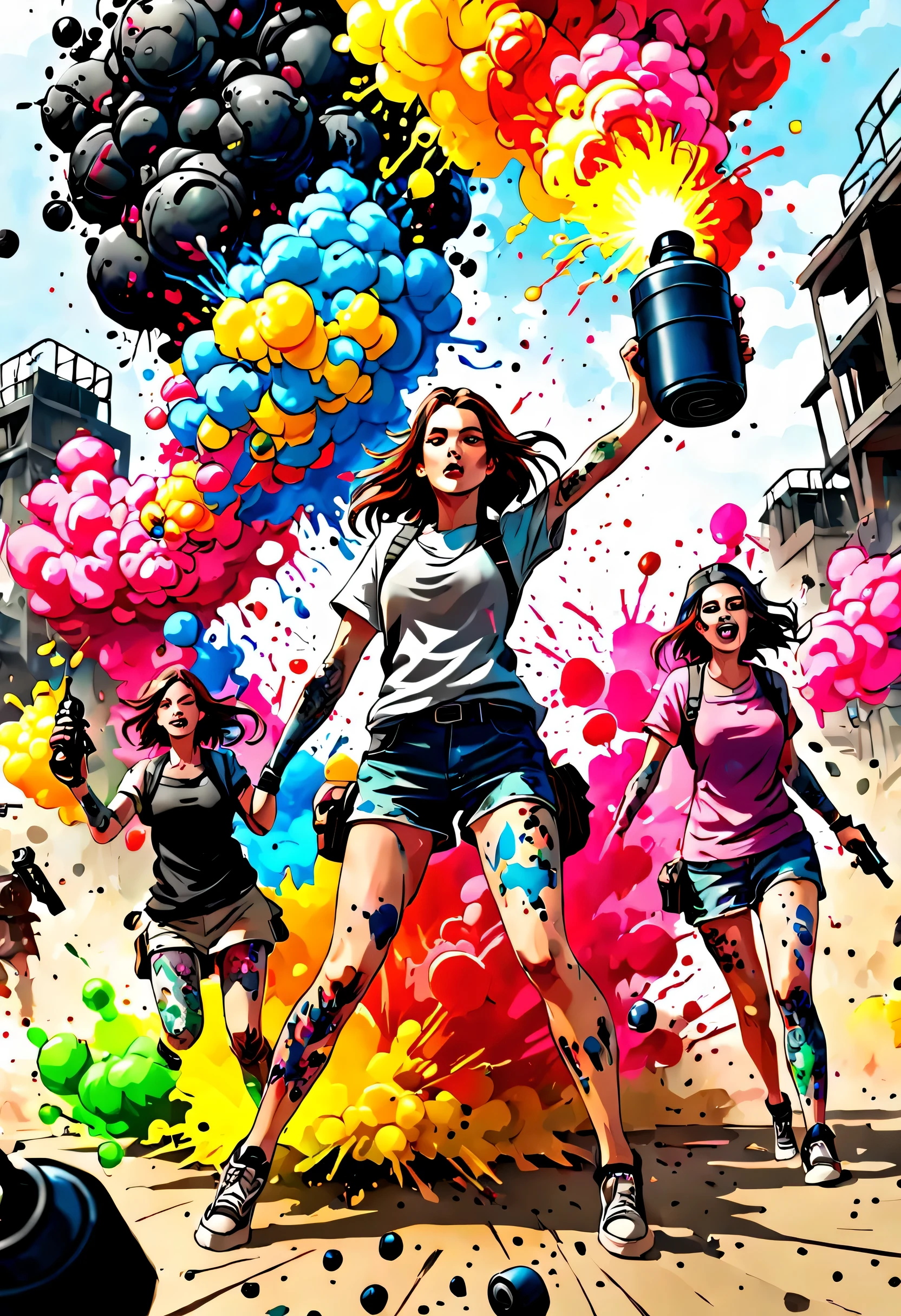 Ink splatter, (ink grenade battle), Girls with ink all over their bodies, Holds ink grenades in both hands、throw at each other, (Ink splatter: 1.3), (colorful ink), Ink grenade exploding towards enemy, (ink grenade casual: 1.5), Splattered ink, In the survival game field