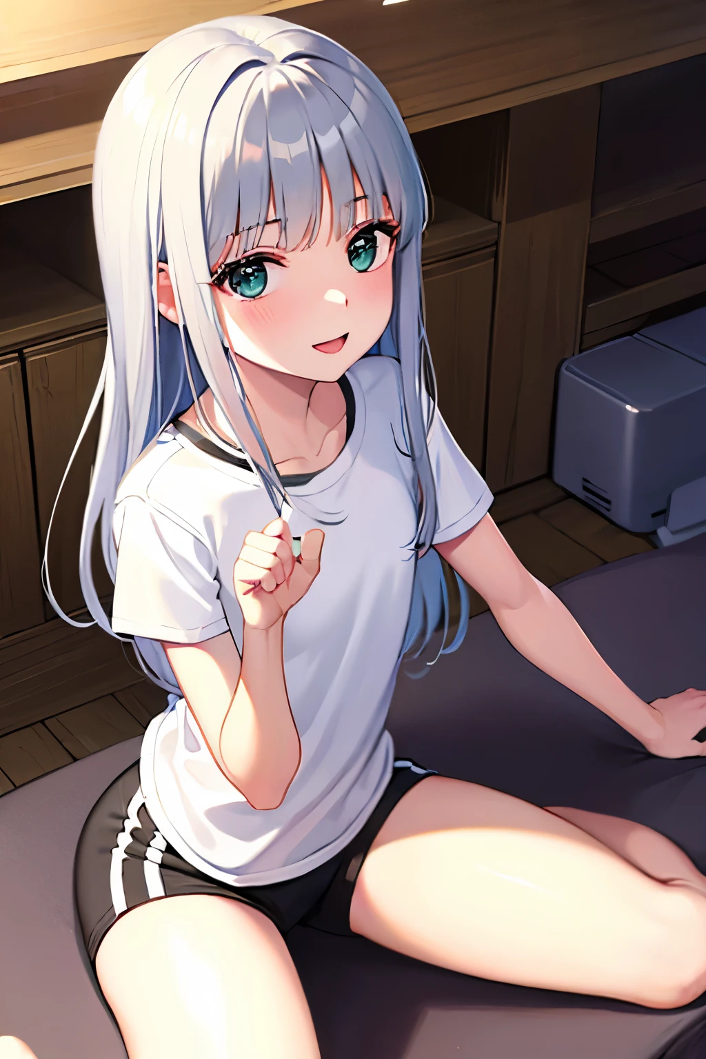 8K，tmasterpiece，1girll，adolable，Kawaii  girl，nurserlegged，She is taking off her white dress，white  panties，smallunderboob，seductiv，Long white hair，ssmile，Look at the screen，Park in the background，Red eyes，meticuloso，Very young，Children，ed，Skirt，lift the foot