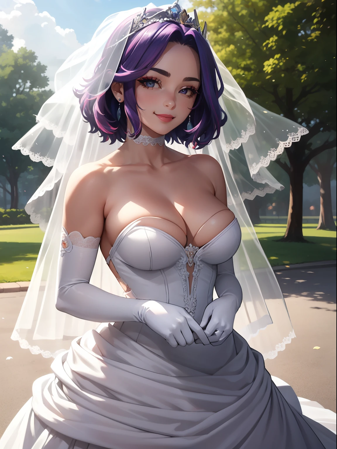 1girl ,lady nagant, boku no hero academia, purple hair ,earrings ,lipstick, eye shadow, makeup, hair between eyes, ahoge, hair ornament, gloves, dress, cleavage, bare shoulders, collarbone, white oprea gloves, white gloves, white dress, strapless, white choker, tiara, veil, strapless dress, wedding dress, bridal veil, beautiful woman, perfect body, perfect breasts, wearing a wedding dress, ball gown, in the park trees, wedding decorations, looking at the viewer,  smile, realism, masterpiece, textured skin, super detail, high detail, high quality, best quality, 1080p,