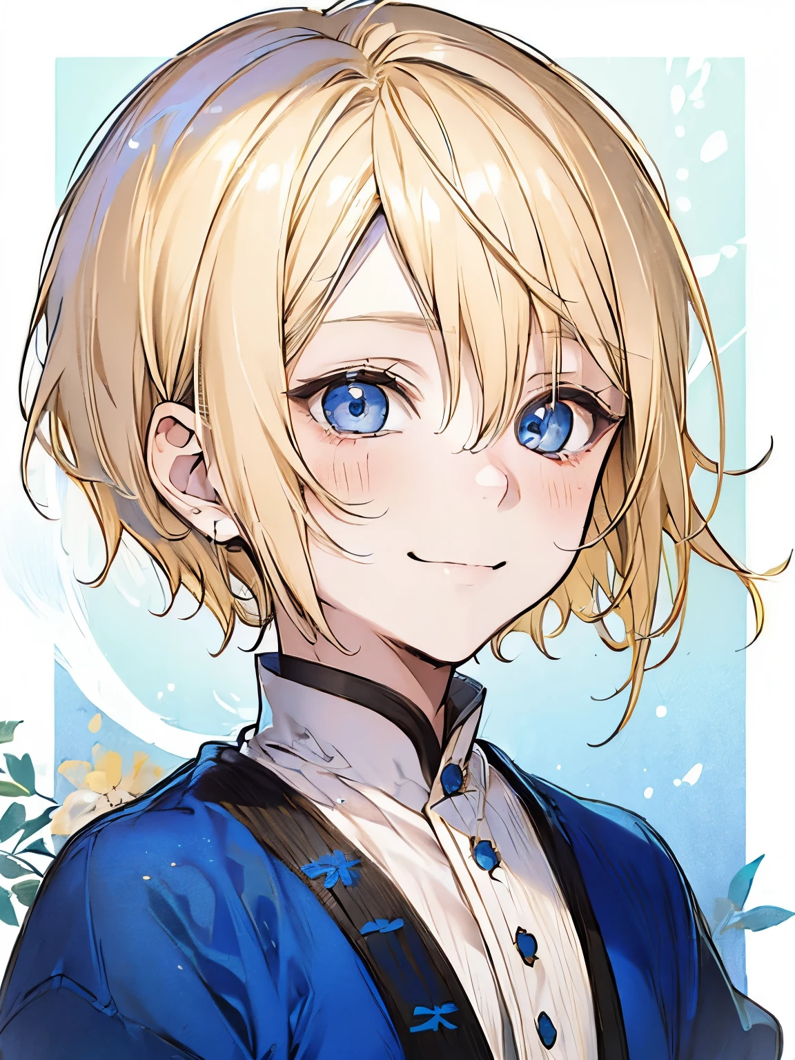 (Shota:1.5),(blonde:1.5),(straight hair:1.3),(very short hair:1.3),(blue eyes:1.4),(blush),(smile:1.3),