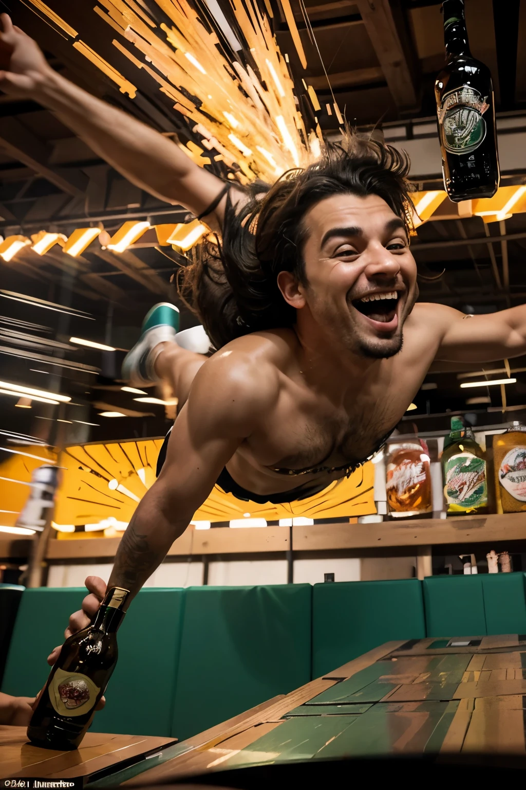 "Create a lively and cartoon-ish illustration of a drunk man joyfully soaring through the air inside a Jägermeister bottle, capturing the essence of a spirited celebration. The scene should be action-filled and resemble the style of a dynamic "russelogo." Let your creativity shine as you depict the whimsical and energetic atmosphere of this unusual, yet entertaining scenario."