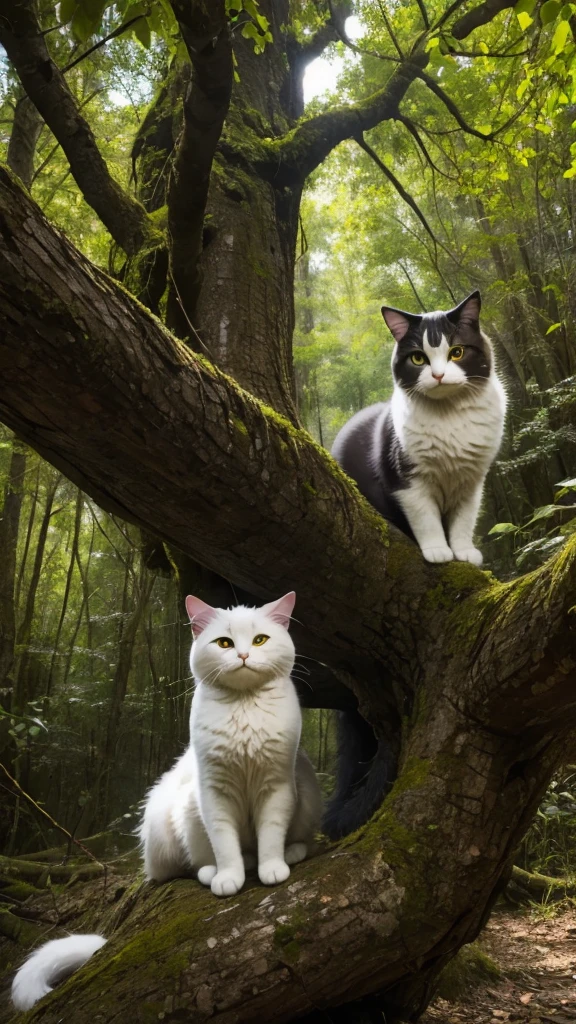 A fluffy cat sits near the roots of a tree on the side of a mountain