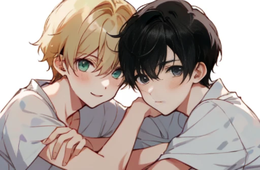 2 boys, perfect composition, trending pixiv fanbox, black hair boy and blond hair boy , friends, soft lighting, happy, clear eyes, perfect anatomy