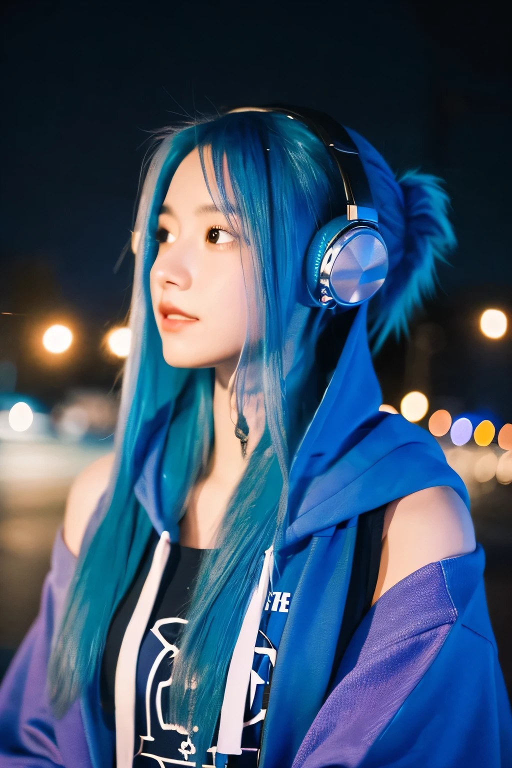 (masterpiece), best quality, ultra high res, 1girl,hoodie,blue hair, very long hair, off shoulder, feather hair ornament, headphones around neck, city,night,outdoors