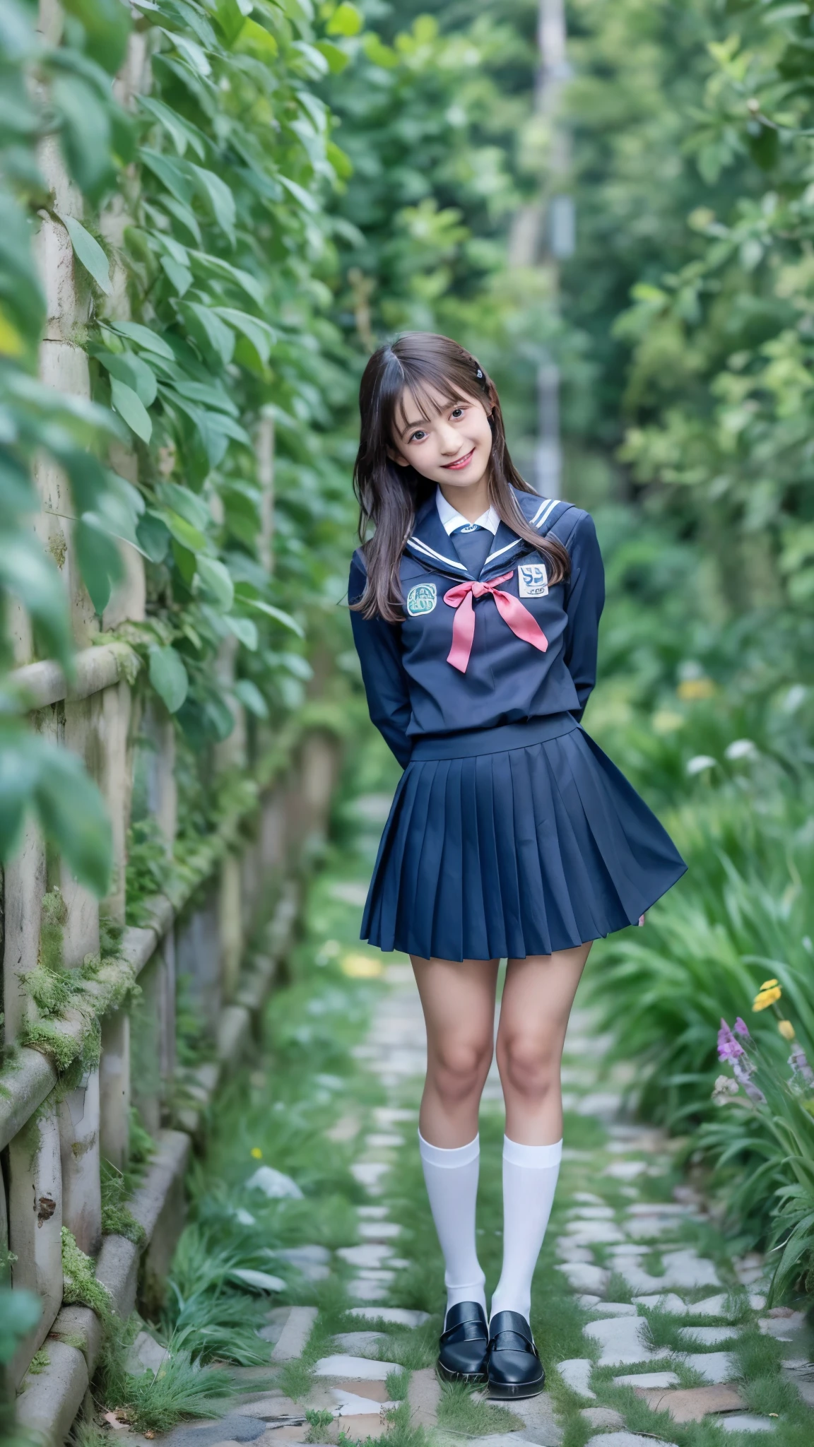 (best quality, 8k, 32k, masterpiece, UHD:1.2), (RAW photo), (realistic), (photorealistic:1.2), (high resolution), huge filesize, ultra-detailed, extremely beautiful face & eyes, symmetry face, well-groomed face, 1girl, japanese elementary school student,14yo, 13yo, 12yo, round small face, thin waist, large breasts, slim proportions, thin thighs, (darkblue pleated mini skirt, japanese sailor, sailor fuku, serafuku, japanese school sailor suit), nice hands, perfect hands, accurate hand depiction, perfect thumb & fingers, sweaty, shy smile, pure white teeth, from below, beautiful grass, sunny blue sky, summer, cafe,