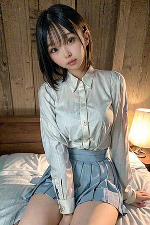 highest quality、masterpiece、slender body、smaller breasts、bob cut、highly detailed face、fine eyes、double eyelid、face like an idol、beautiful face、cute、Japanese、beautiful girl、collared shirt、pleated skirt、knee high socks、Absolute area、baby face