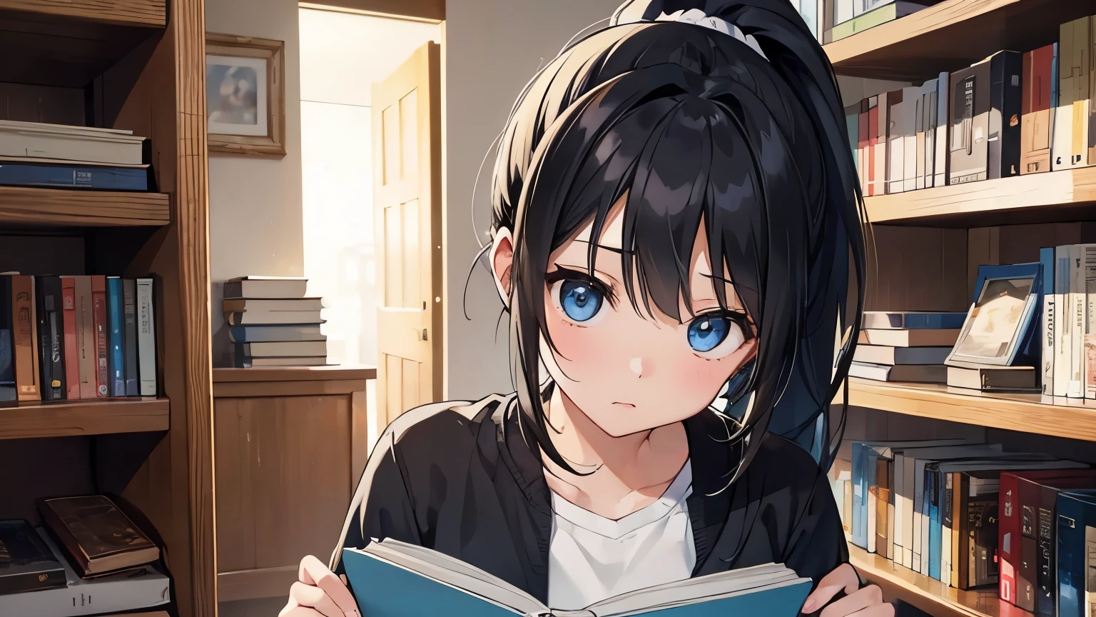 meek、black hair、tall、back end、boredomな、winter、ponytail、light blue eyes、clothes、reading、read a book、Having a book、Literary、Surprised、sigh、small breasts、Single Picture、one person、最高masterpiece、inside the house、Rich details、masterpiece、Half-hearted、Detailed background、Hide fingers、one person、boredom、