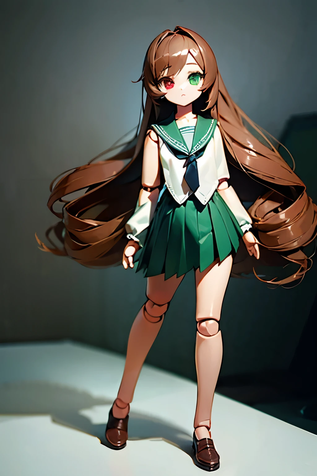 doll joints,(masterpiece,Best quality, detailed),1girl, nude, character doll,, masterpiece, best quality, highly detailed
 suiseiseki, (Heterochromia:1.35), Red eyes, green eyes,  Double drill bits, long hair, Brown hair, Seraphuku, white Seraphuku, tie, red tie, Green Sailor Collar, skirt, pleated skirt, green skirt, golf courses, white socks, brown footwear, , whole body, (doll joints, joints:1.2), White background