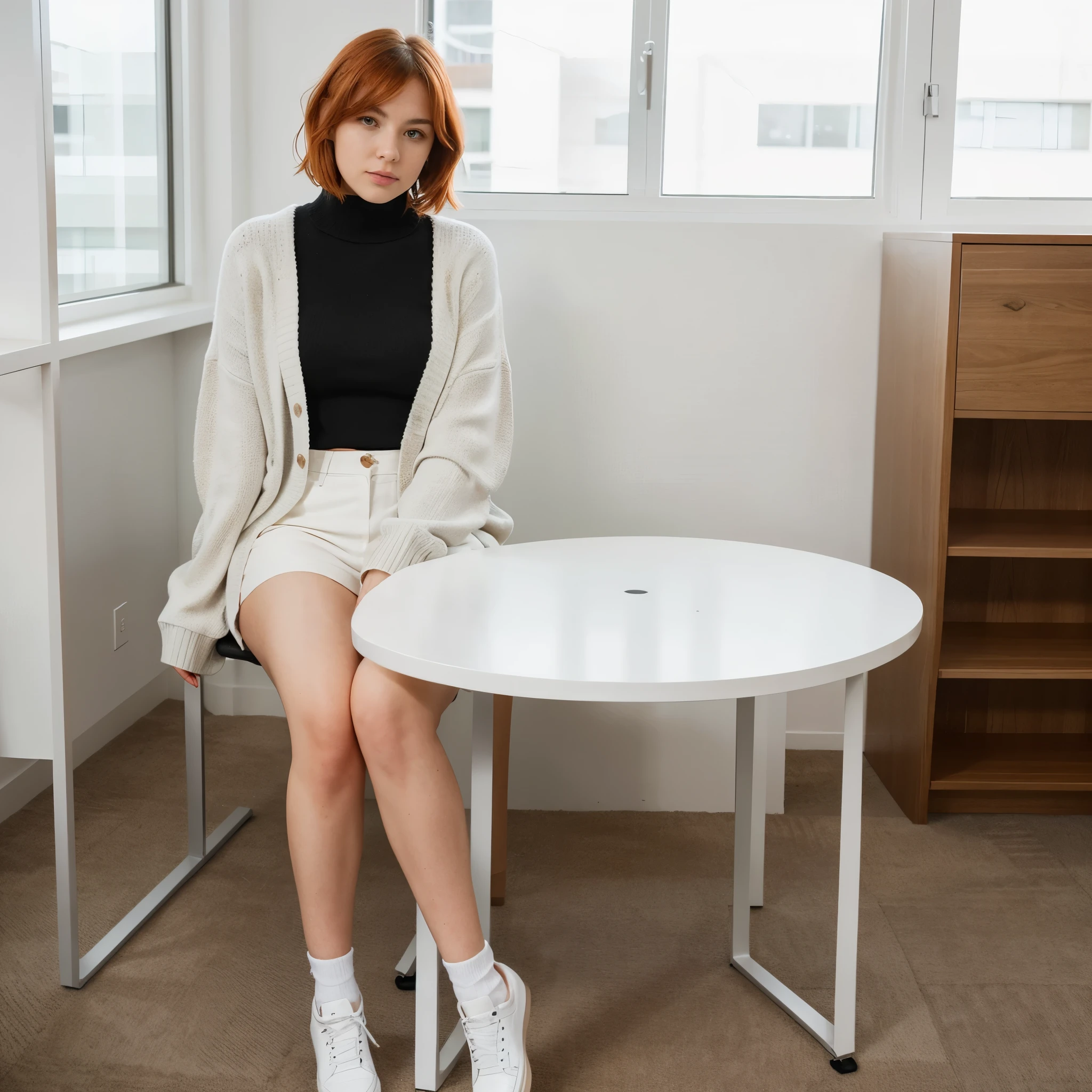 orange hair 25 year old woman, orange tied hair, 1.67 tall, wearing sweater, proportional body, short hair, Black and white minimalist office, where tables with white tops and black legs are aligned symmetrically. Ergonomic white leather chairs contrast with the black shelves, full of organized folders. Natural light highlights furniture with minimalist lines, creating an elegant and efficient environment