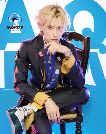 Sitting on a chair,handsome androgynous prince,teenage boy,dark blue shirt with golden patterns,black suit,black pant,dark blue shoes,hand on chin,blonde,blue eyes,cyan pupils,star shaped pupils