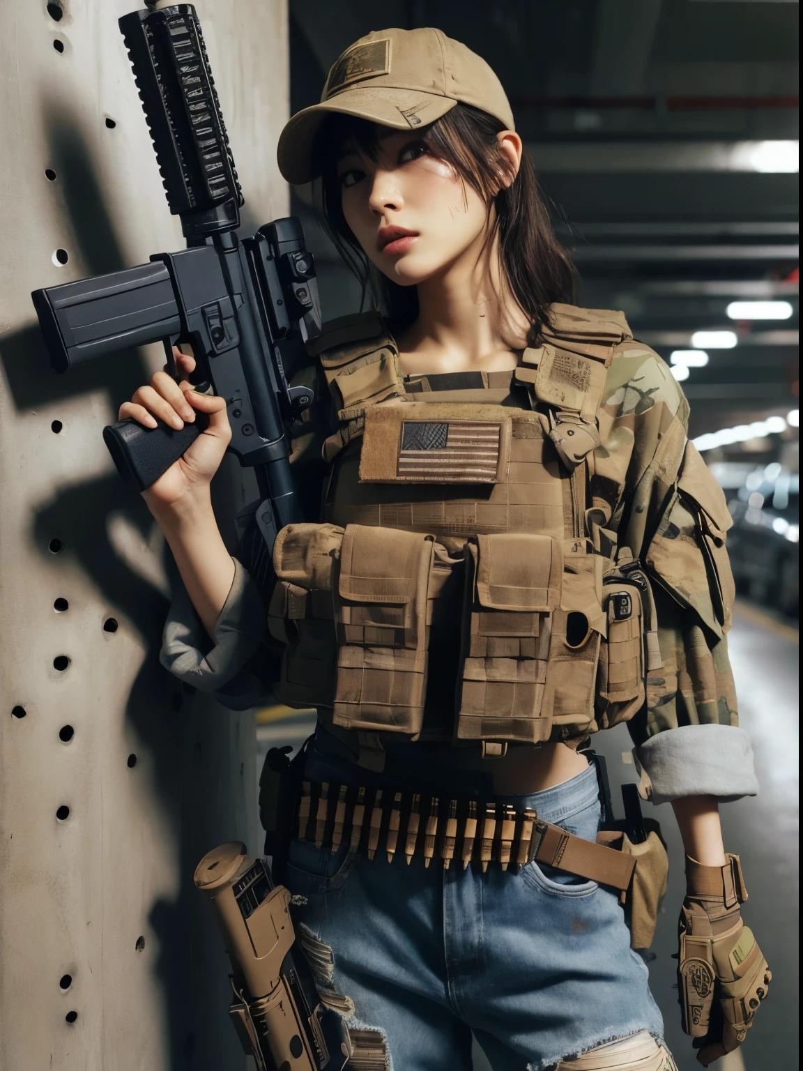 Photoreal、realistic skin texture、automatic rifle