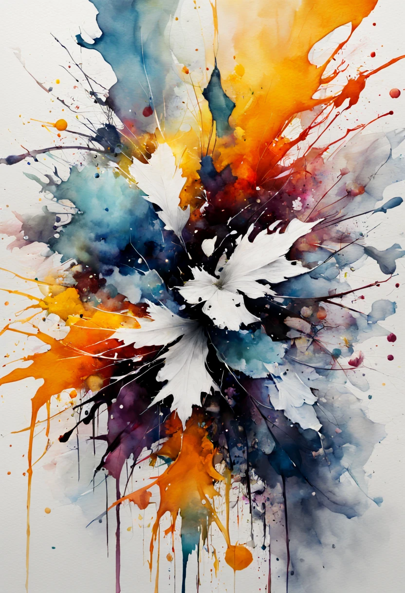 (best quality,4k,8k,highres,masterpiece:1.2),ultra-detailed,(realistic,photorealistic,photo-realistic:1.37),ink splatter,watercolor painting,on white canvas,aquarelle,artistic splashes,delicate brushstrokes,fluid and vibrant colors,subtle shading and blending,texture and depth,artistic interpretation and creativity,fine details capturing movement and spontaneity,abstract expression,unique and captivating composition,highly skilled brushwork,fine art masterpiece,impressionistic style,blend of realism and abstraction,subtle use of negative space,dynamic and lively brushstrokes,harmonious color palette,invokes a sense of emotion and energy,unique and captivating composition,visual poetry,harmony between light and dark,ethereal and dreamlike atmosphere,celebration of the beauty of imperfections,interpretation of the subject with artistic ,prominent use of light and shadow,creates a sense of atmosphere and mood,creative  and experimentation,crisp and clean lines creating definition and form