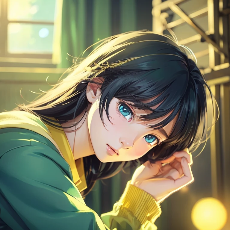 anime illustration、masterpiece、A cute boy、dark colored hair、light blue eyes、yellow green,yellow、Gentle atmosphere、Warm atmosphere、justice