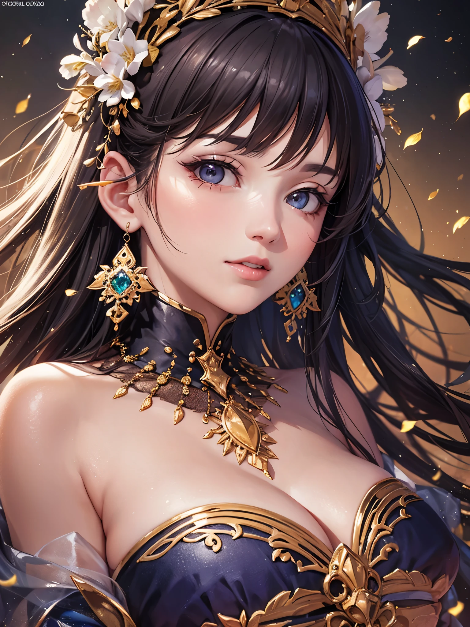 ((highest quality)),(ultra high resolution),(Super detailed),(detailed description),((best CG)),(best work of art),super precision art,great drawing art,(Art with precise details:1.5), (1 woman:1.5),colorful dress:1.6,beautiful and well-shaped face:1.5,detailed jewelry:1.4,A jewel that emits a mysterious light:1.6,