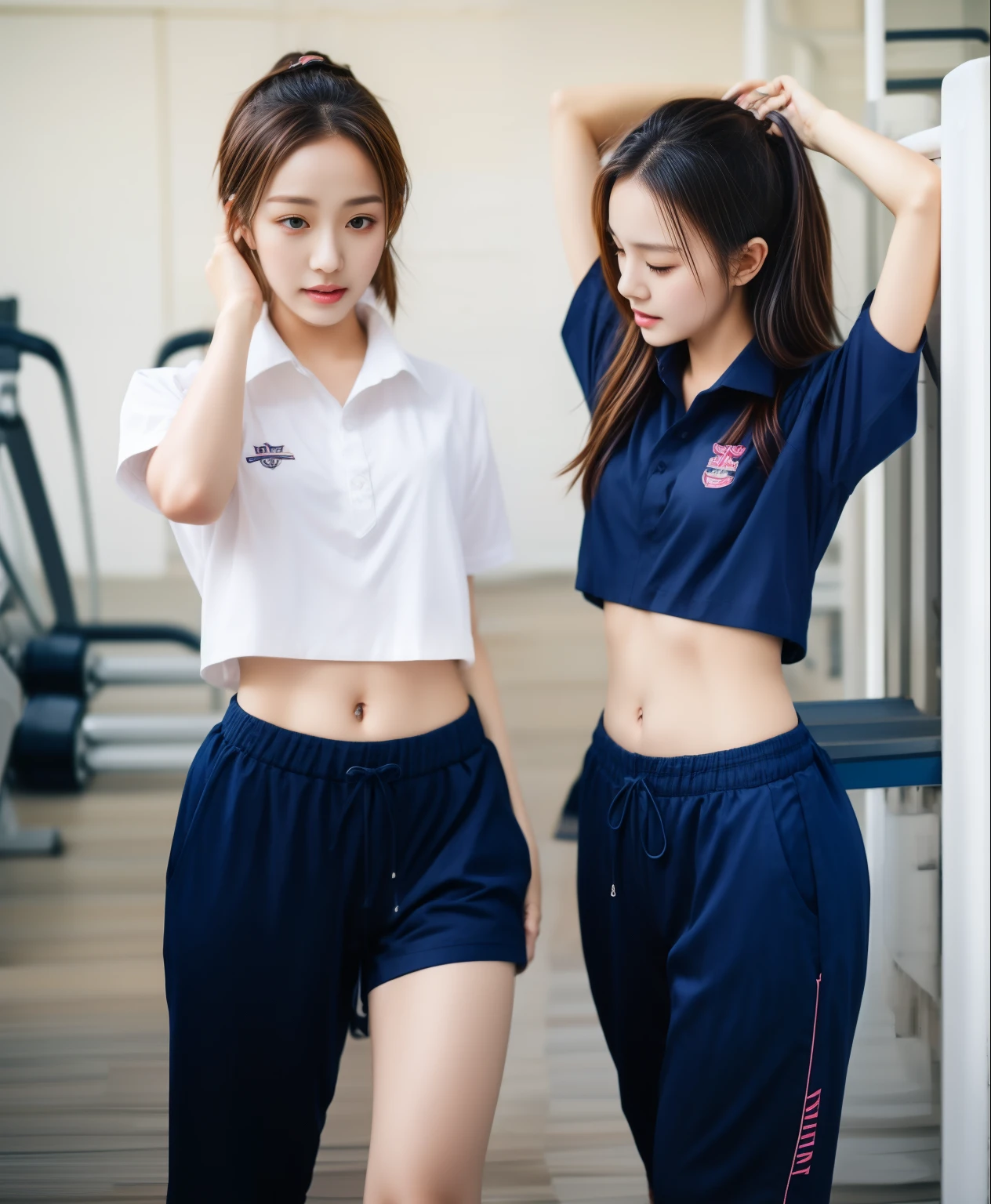 2 girls in fitness center, Navy blue short-sleeved shirt,Navy Long Trackpant,Sweatpants, Sweatpantsขายาว,25 year old girl, lesbian, sexy, exercise clothes, wet body
