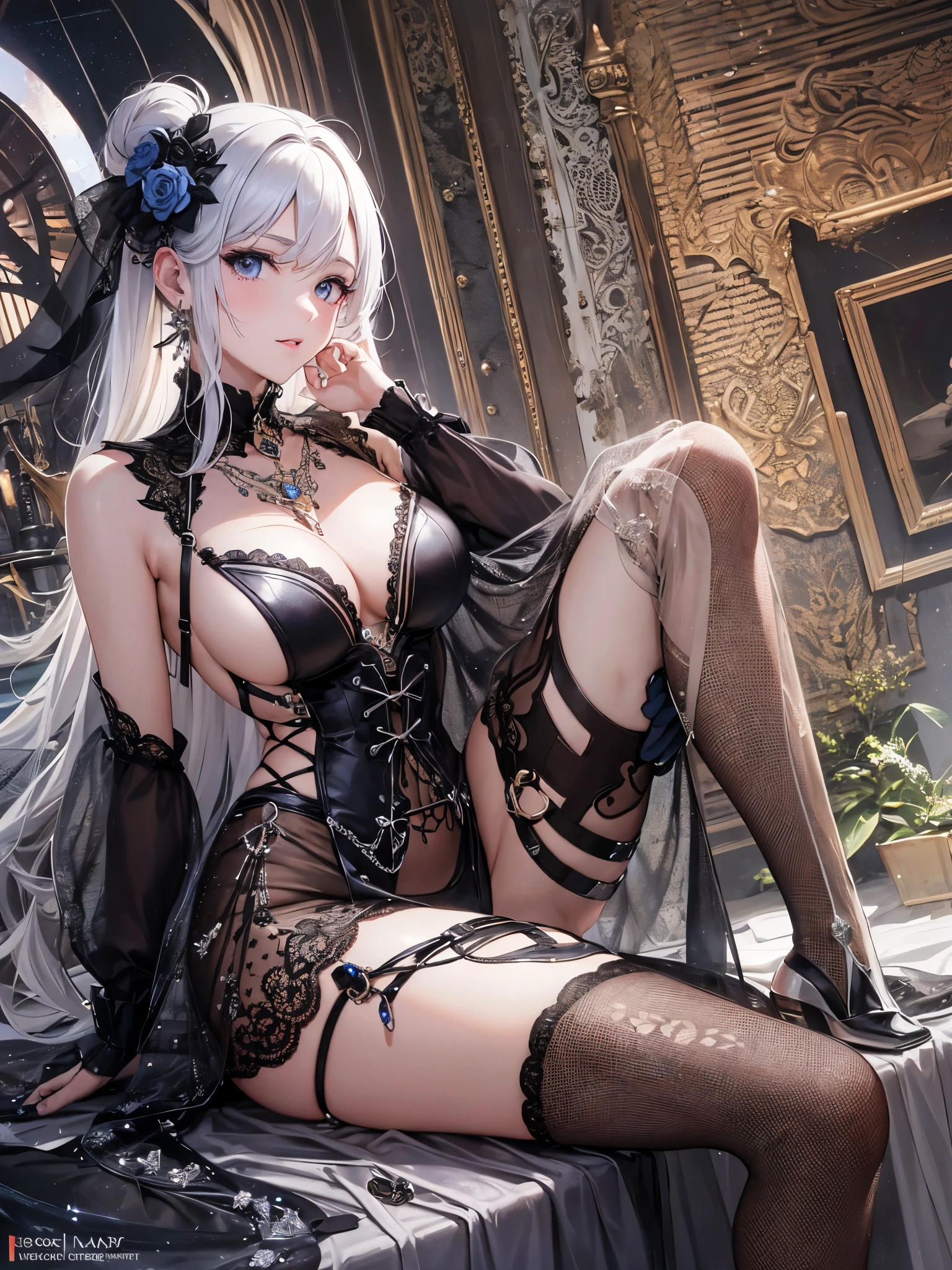 ((highest quality)),(ultra high resolution),(Super detailed),(detailed description),((best CG)),(best work of art),super precision art,great drawing art,(Art with precise details:1.5), (1 woman:1.5),colorful corset dress:1.6,beautiful and well-shaped face:1.5,detailed jewelry:1.4,thin waist:1.3,Beautiful leg lines:1.4, A jewel that emits light:1.6,