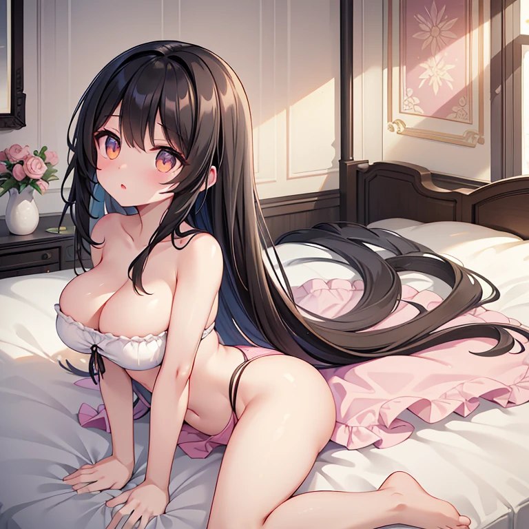highest quality, highest resolution, masterpiece, Super detailed, Beautiful woman, black hair, long hair, golden eyes, pink lips, indoors, inside the room, sunlight, bright light, embarrassed look, big breasts, big hips, big ass, flowing hair, lie down on the bed, whole body, Front view,
